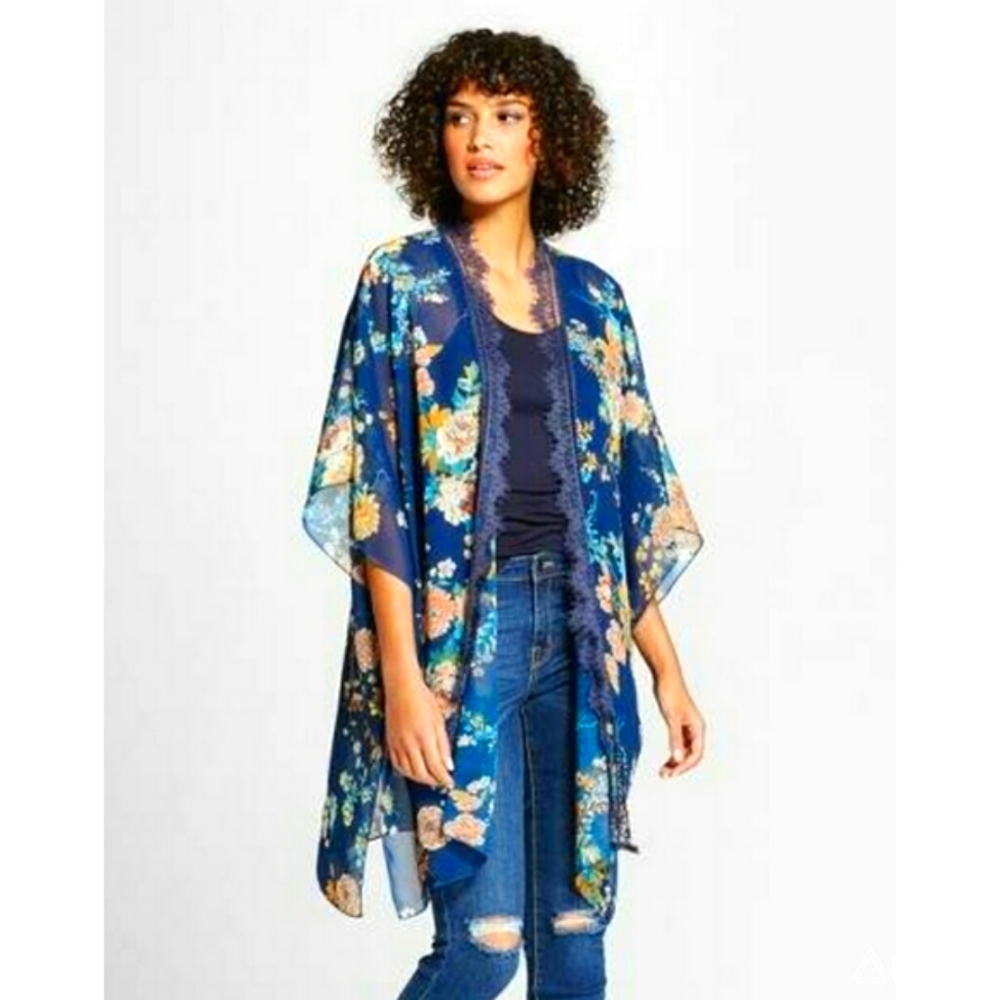 NWT Women's Vintage Exhilaration Blue Pink Floral Eyelash Lace Kimono / Cardigan